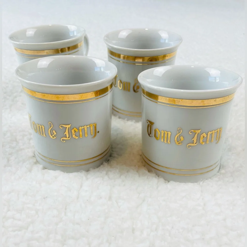 (VTG) TOM & JERRY • Set of 4 White and Gold Tea Cups